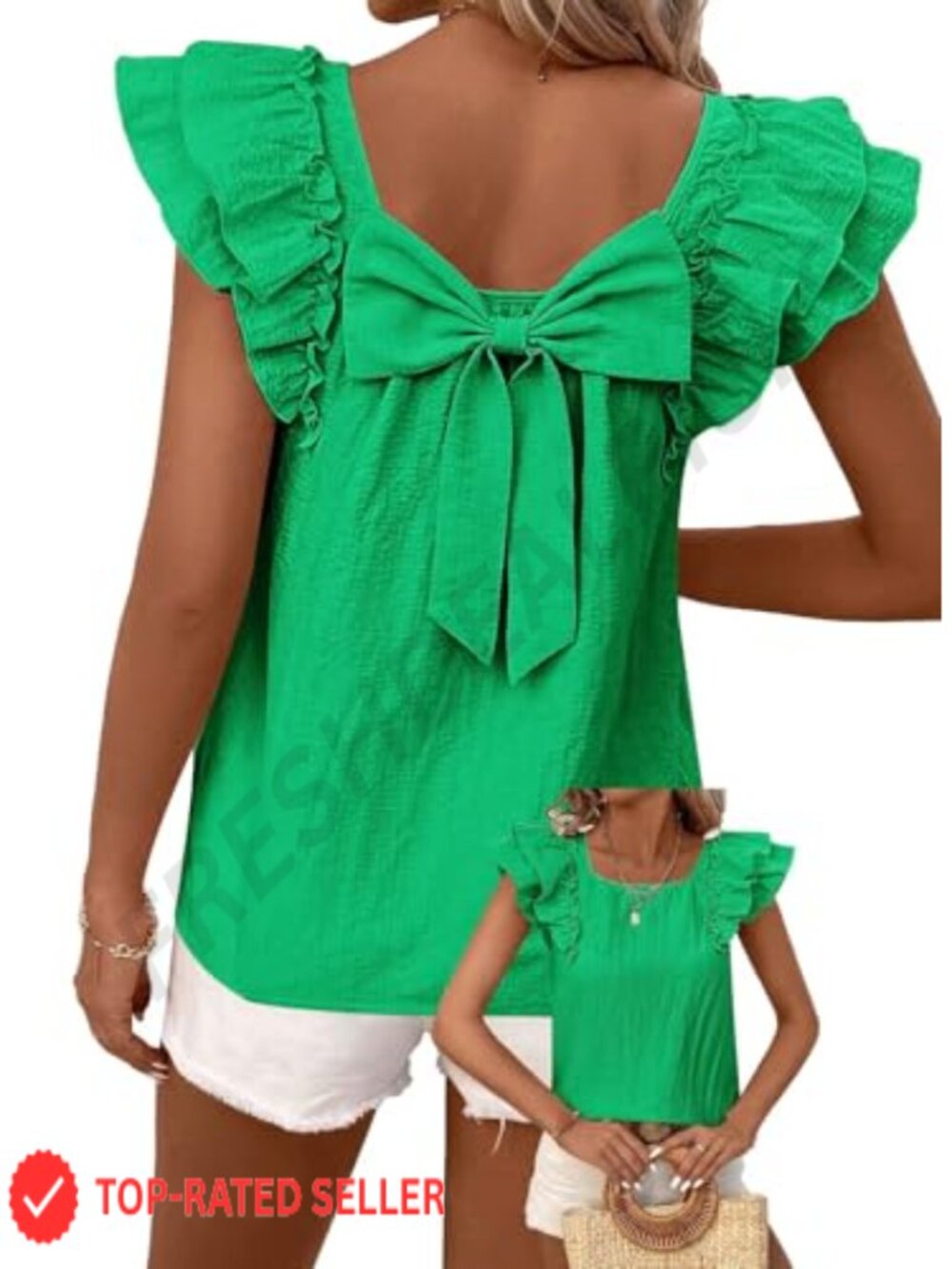 Bow Tie Back Tops Round Neck Ruffle Short Sleeve Babydoll Chiffon Tee Tunic